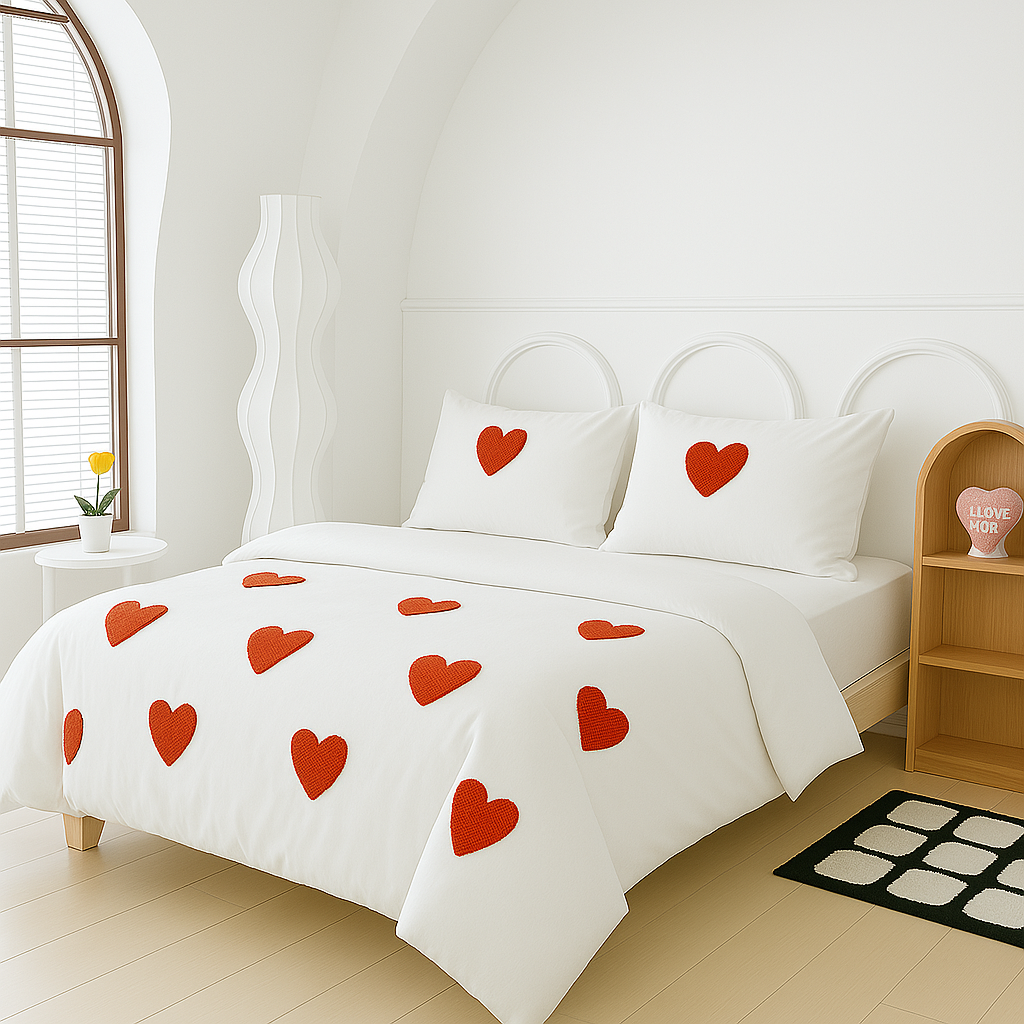 Love Embroidery Duvet Cover Set – 3-Piece Romantic Bedding with Pillowcases (No Filling), Soft & Lightweight Comforter Cover for Summer Aesthetic, Coquette Aesthetic Bedroom Decor, Washable Bedding Sets