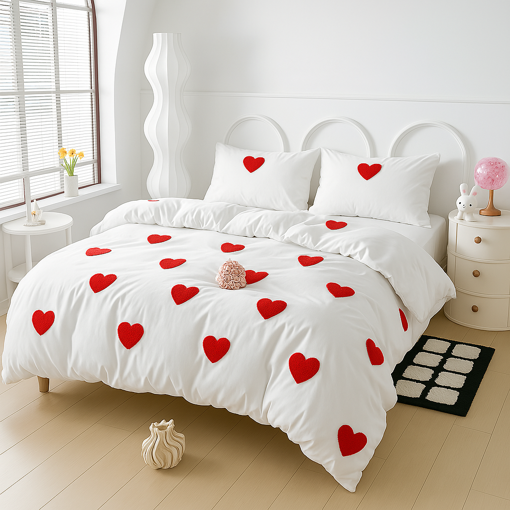 Love Embroidery Duvet Cover Set – 3-Piece Romantic Bedding with Pillowcases (No Filling), Soft & Lightweight Comforter Cover for Summer Aesthetic, Coquette Aesthetic Bedroom Decor, Washable Bedding Sets