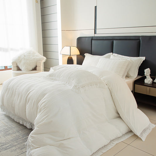 3D Clip Jacquard,3PCS Tassel Fringe Duvet Cover with Pillowcases ( No Insert), Summer Aesthetic Ultra-Soft Bedding Sets, High Quailty Hotel Comforter Cover,Mashine Washable,Bedroom Decor