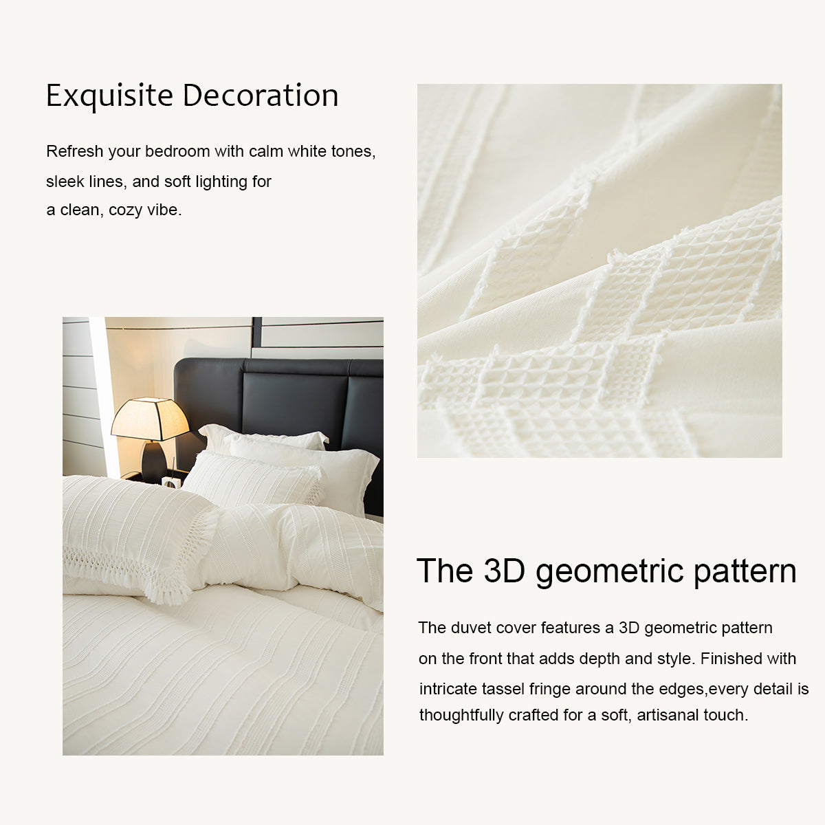 3D Clip Jacquard,3PCS Tassel Fringe Duvet Cover with Pillowcases ( No Insert), Summer Aesthetic Ultra-Soft Bedding Sets, High Quailty Hotel Comforter Cover,Mashine Washable,Bedroom Decor