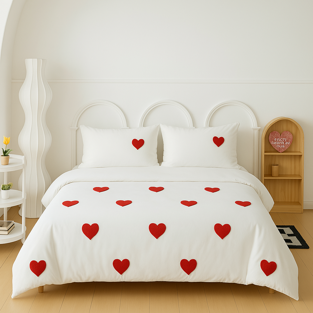 Love Embroidery Duvet Cover Set – 3-Piece Romantic Bedding with Pillowcases (No Filling), Soft & Lightweight Comforter Cover for Summer Aesthetic, Coquette Aesthetic Bedroom Decor, Washable Bedding Sets