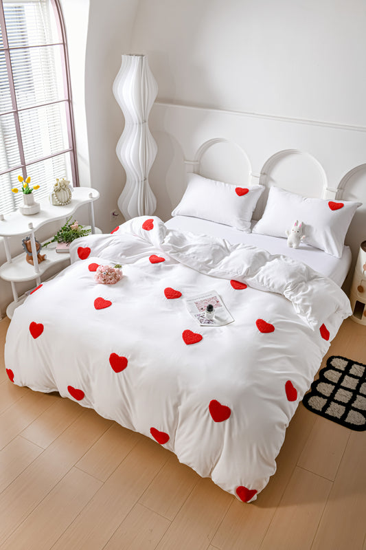 Love Embroidery Duvet Cover Set – 3-Piece Romantic Bedding with Pillowcases (No Filling), Soft & Lightweight Comforter Cover for Summer Aesthetic, Coquette Aesthetic Bedroom Decor, Washable Bedding Sets