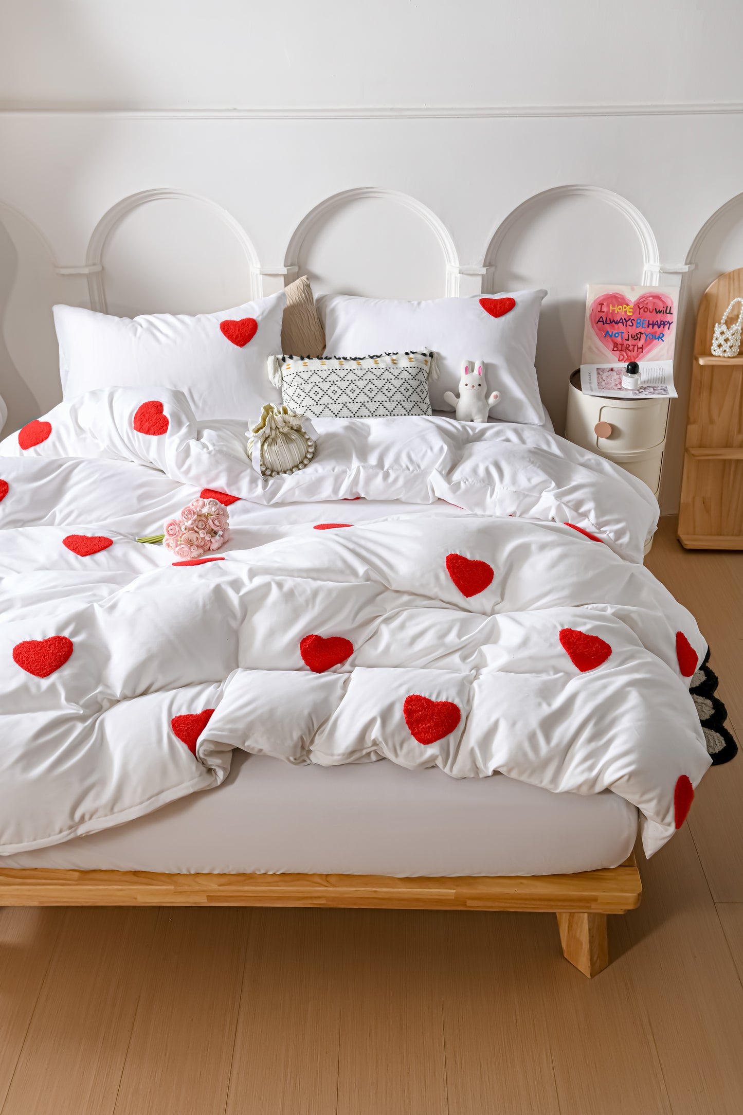 Love Embroidery Duvet Cover Set – 3-Piece Romantic Bedding with Pillowcases (No Filling), Soft & Lightweight Comforter Cover for Summer Aesthetic, Coquette Aesthetic Bedroom Decor, Washable Bedding Sets