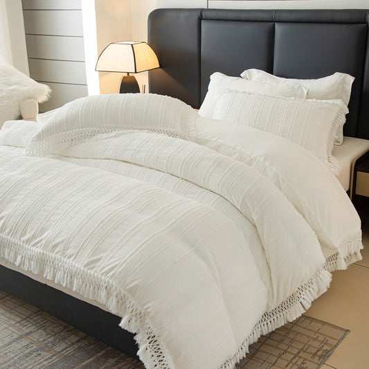 3D Clip Jacquard,3PCS Tassel Fringe Duvet Cover with Pillowcases ( No Insert), Summer Aesthetic Ultra-Soft Bedding Sets, High Quailty Hotel Comforter Cover,Mashine Washable,Bedroom Decor