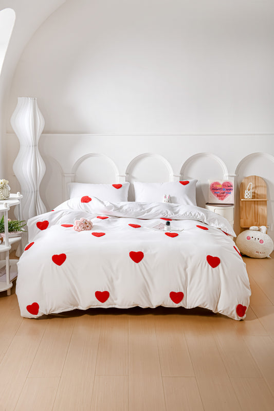 Love Embroidery Duvet Cover Set – 3-Piece Romantic Bedding with Pillowcases (No Filling), Soft & Lightweight Comforter Cover for Summer Aesthetic, Coquette Aesthetic Bedroom Decor, Washable Bedding Sets